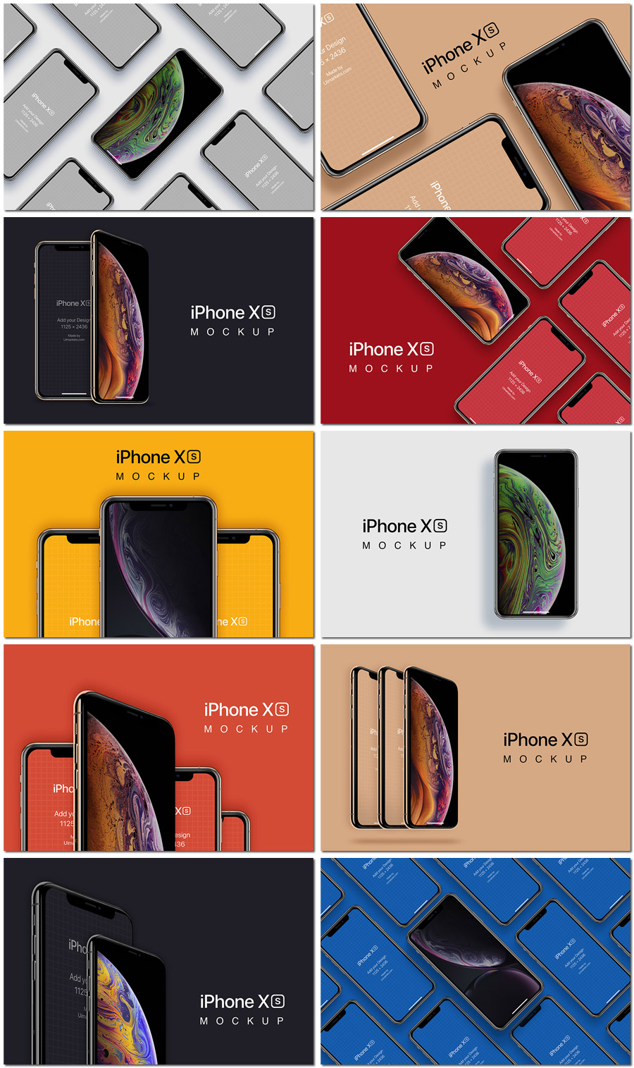 Iphone Xs苹果手机app设计排列展示样机模型psd海报模板设计素材